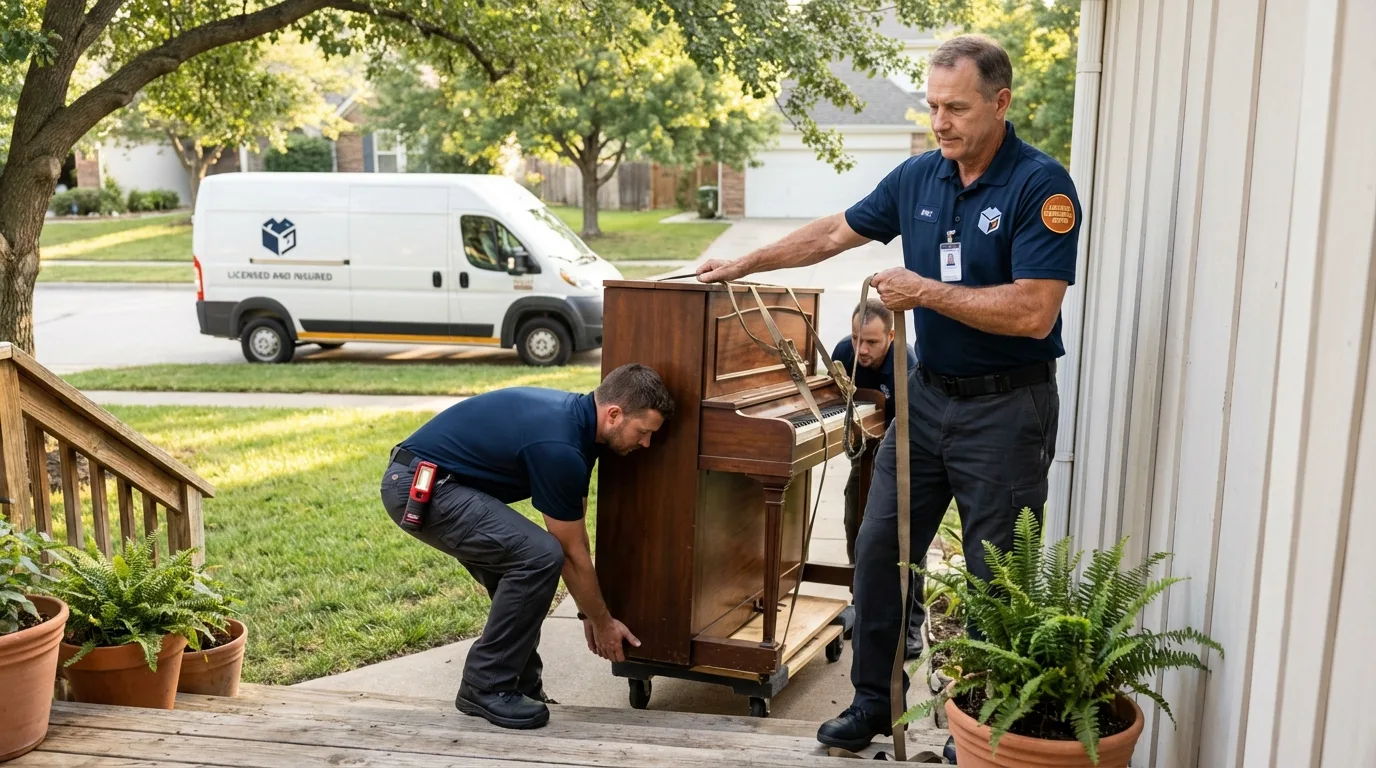 Licensed piano movers securing grand piano in Boyertown, PA