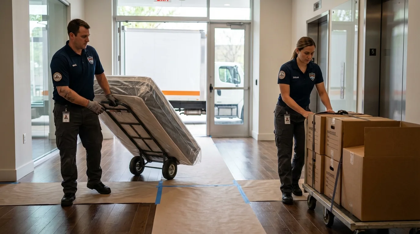 Professional apartment movers loading elevator in Boyertown, PA